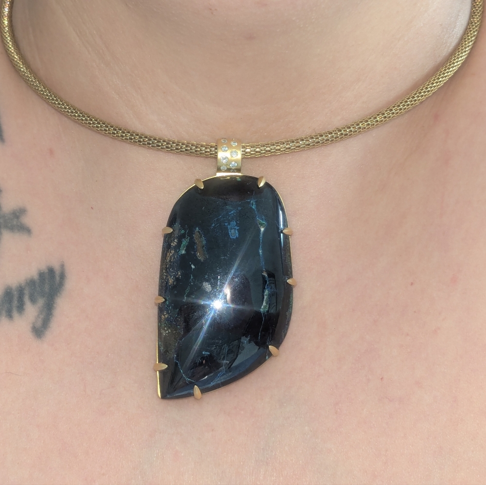 Amazing 10k Yellow Gold Diamond Bail Azurite Blue Gemstone Huge Pendant OOAK - Picture 16 of 16